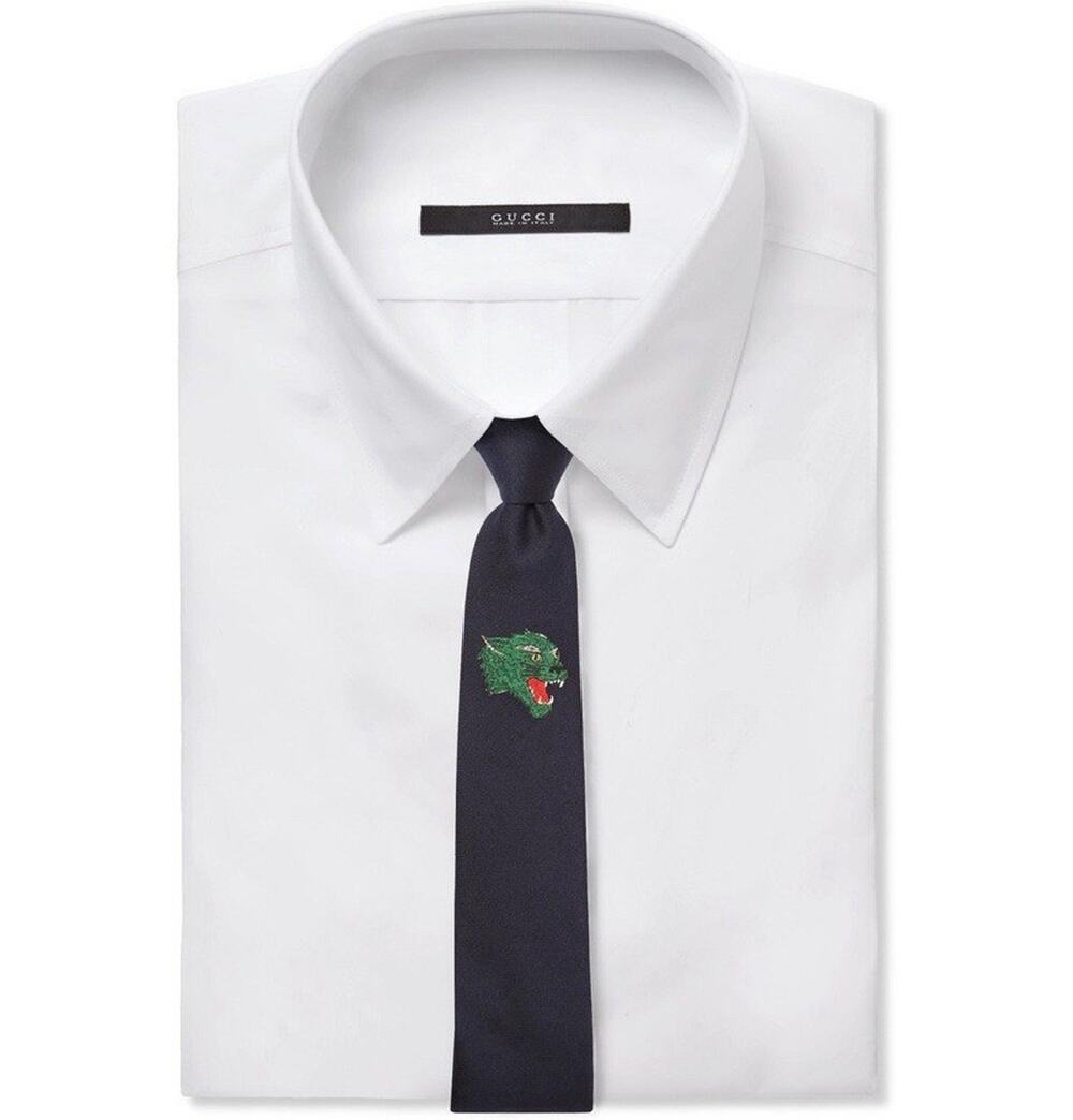 NWT Gucci Panther Appliquéd Silk & Wool Blend Navy Blue Underknot Tie $250.00